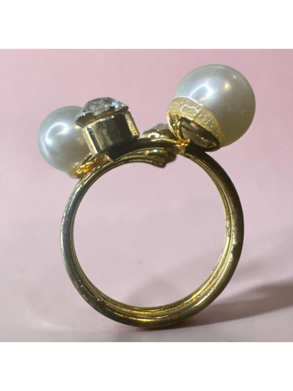 Gold-Tone Adjustable Ring With Faux Pearls & Clear Rhinestones Elegant Statement
